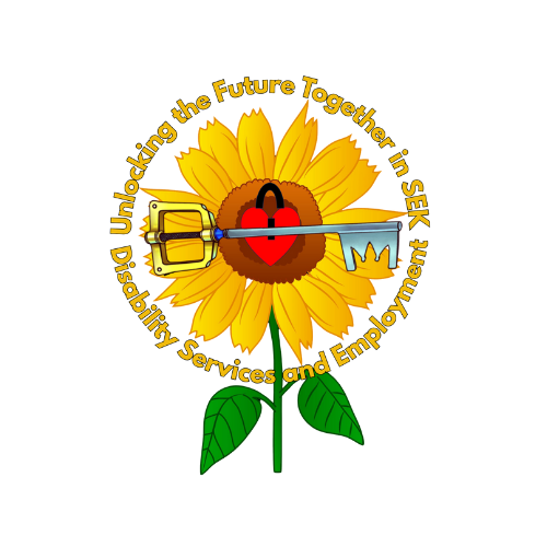Unlocking the Future Together in SEK logo: a sunflower with a key in the middle. Text around the sunflower encircling it. The text reads: Unlocking the Future Together in SEK Disability Services and Employment